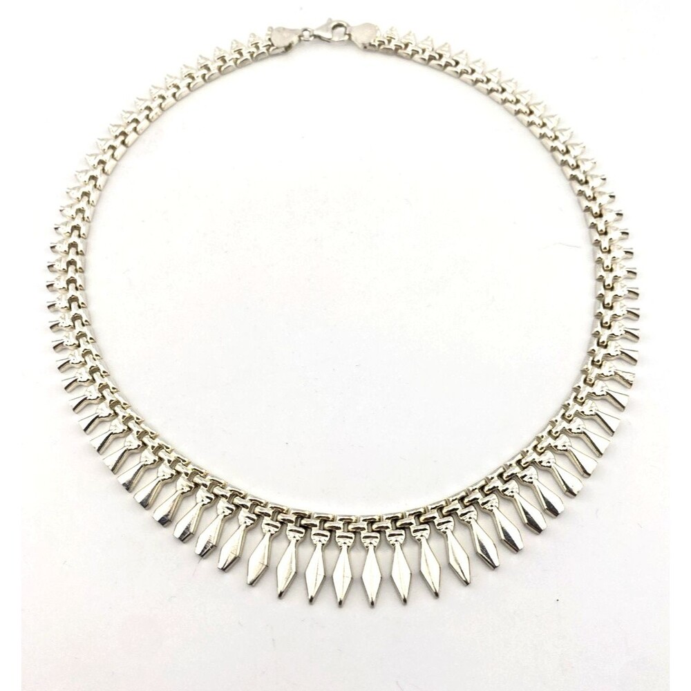 Vintage Italy Sterling Silver Modernist Spearhead Fringe Necklace 17"